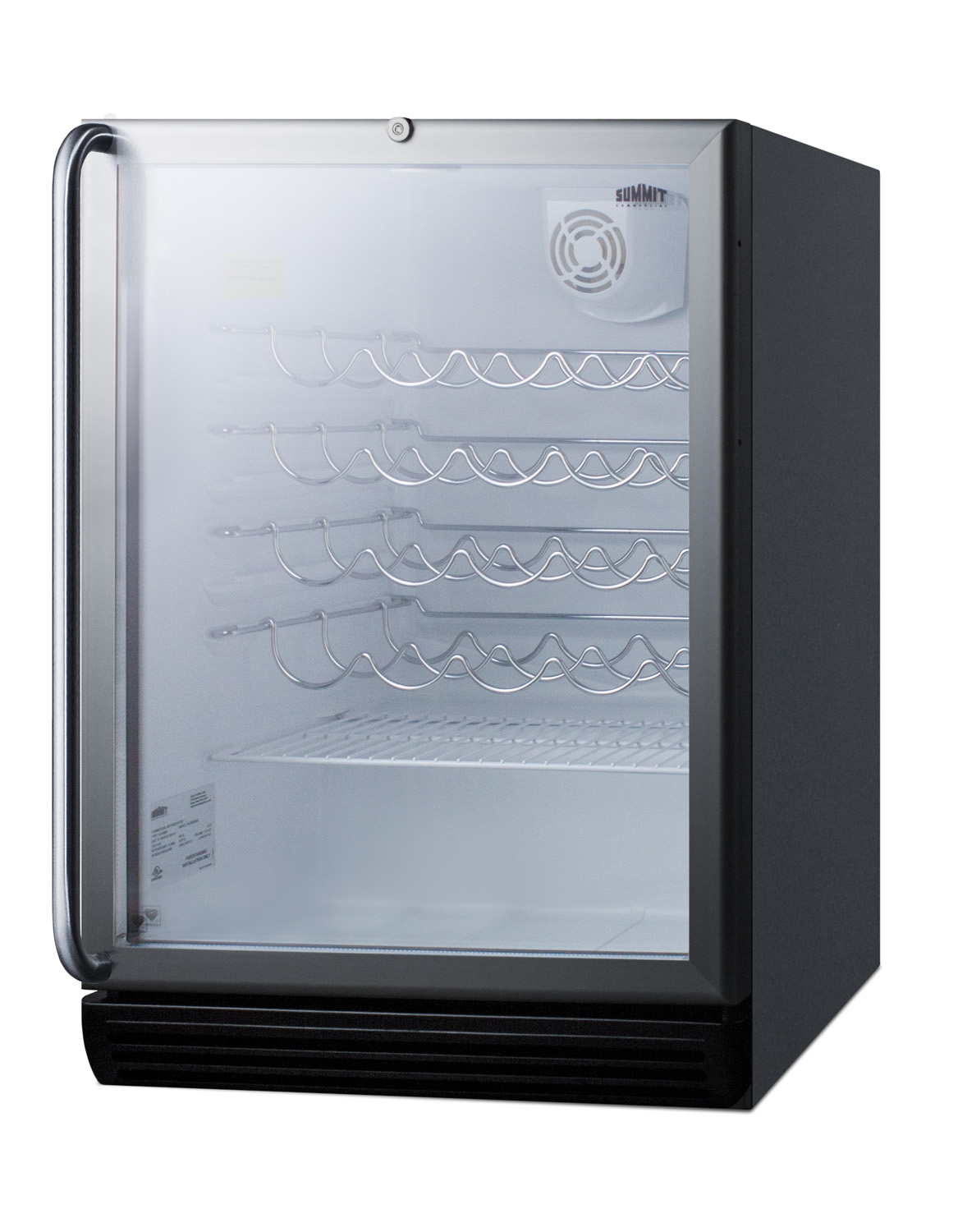 ADA compliant, commercially approved wine cellar for built-in undercounter use, with glass door, black cabinet and lock